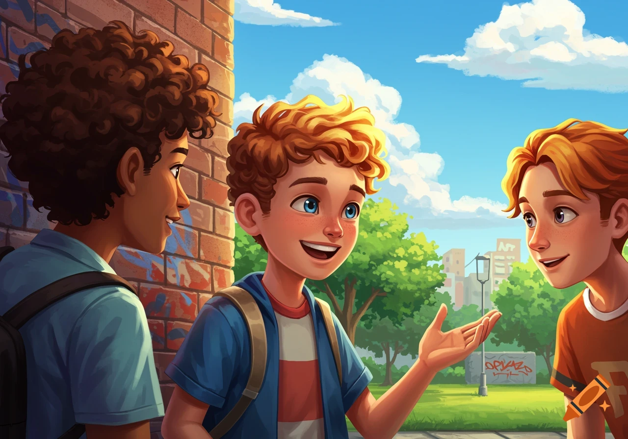 Three cartoon boys talk by a graffiti-covered brick wall in a park under a blue sky.