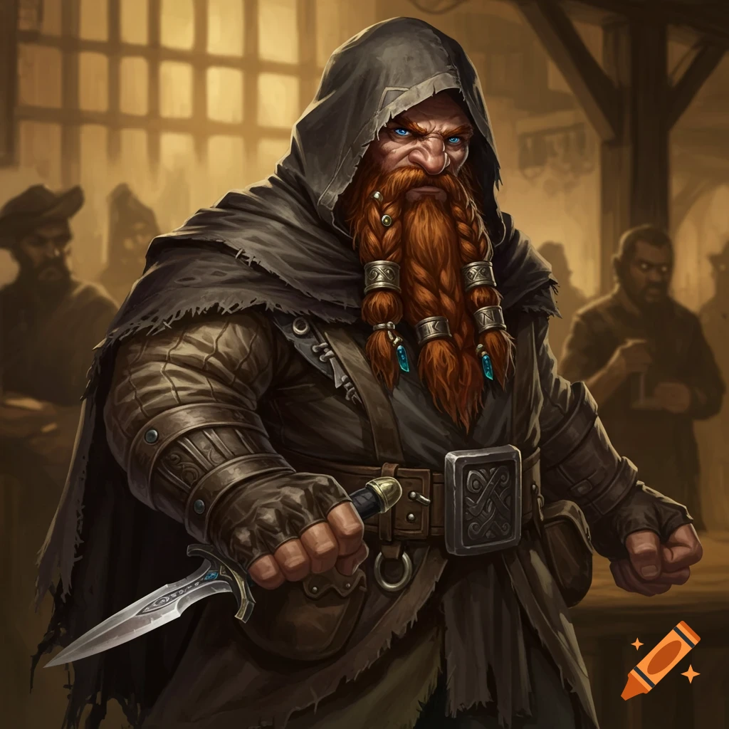 A dwarven rogue in a cloak holding a dagger.