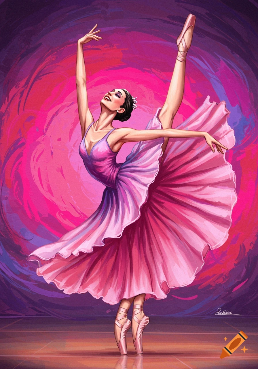 A ballerina in a pink dress performing a pose with one leg raised.