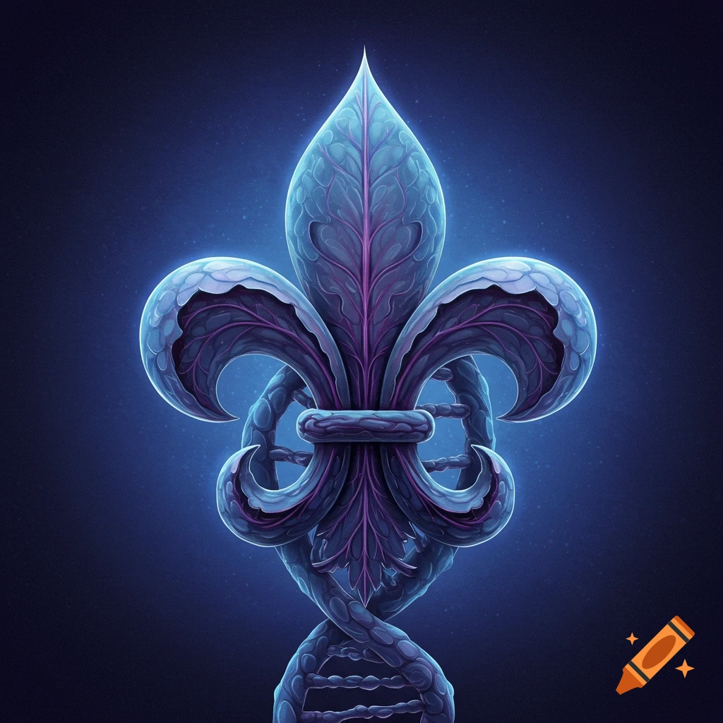 A purple and blue glowing fleur de lis made of a DNA helix structure.