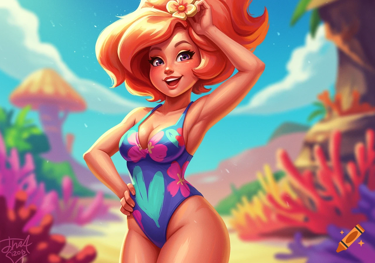 Vibrant cartoonish illustration of a smiling woman in a colorful swimsuit on a beach with coral.
