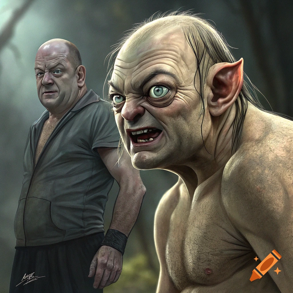 Digital illustration of a Gollum-like figure with a muscular body standing next to a man resembling Paul Heyman in a forest.