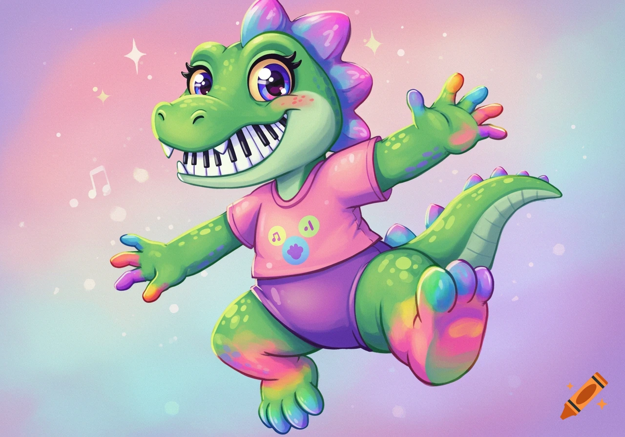 A vibrant cartoon dinosaur girl with piano teeth and rainbow hands and feet, wearing a pink shirt, dancing in a whimsical setting.