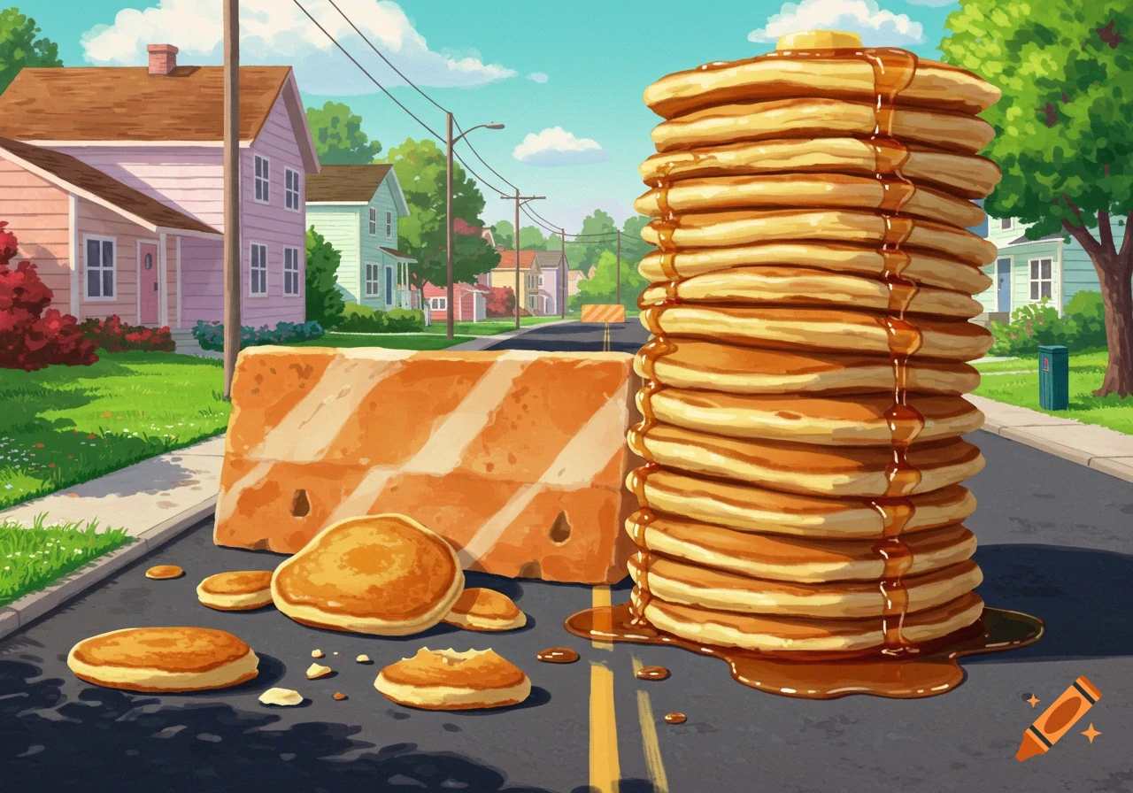 A giant stack of pancakes and a pancake road barrier on a suburban street, digital art.