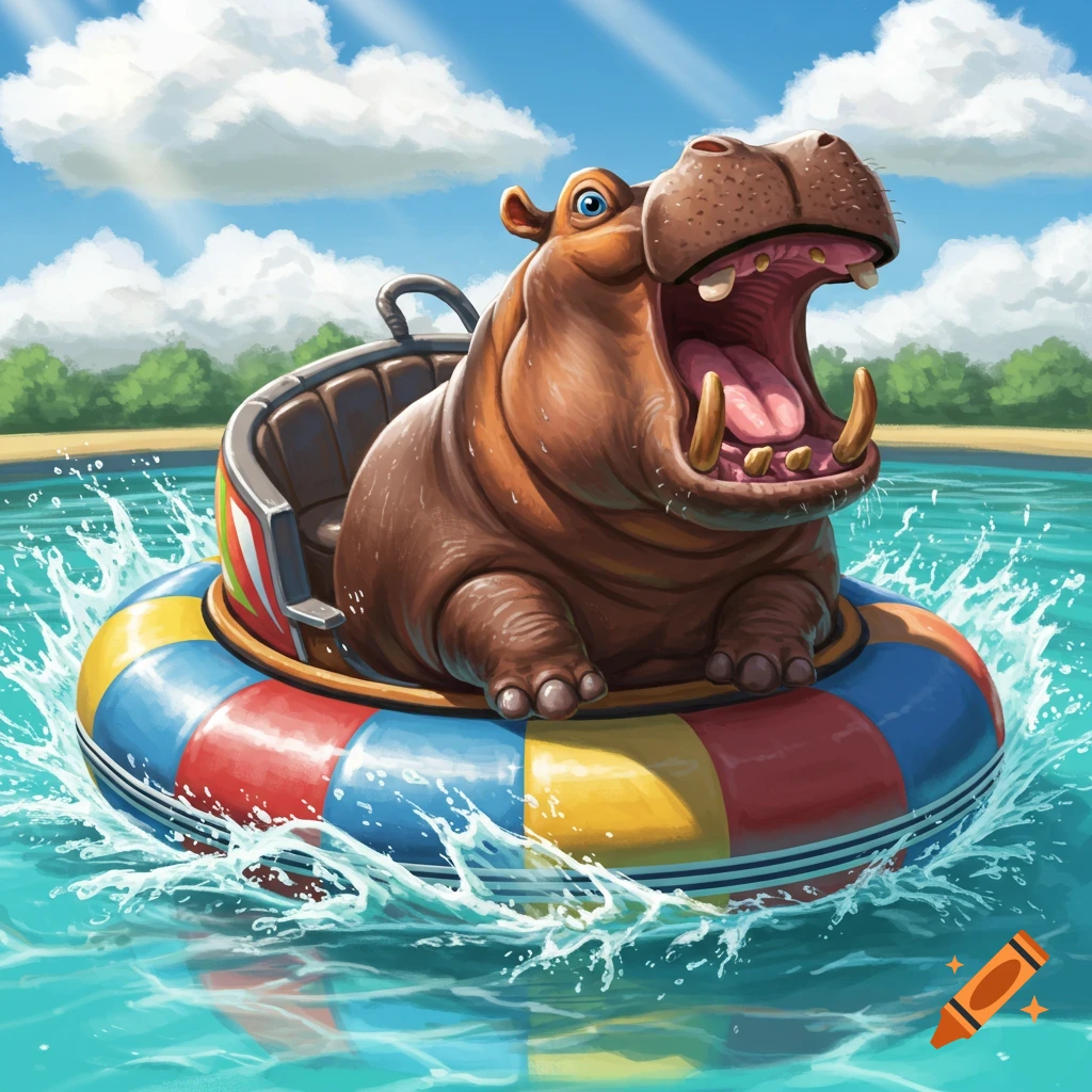 Cartoon hippo in a colorful bumper boat on the water.