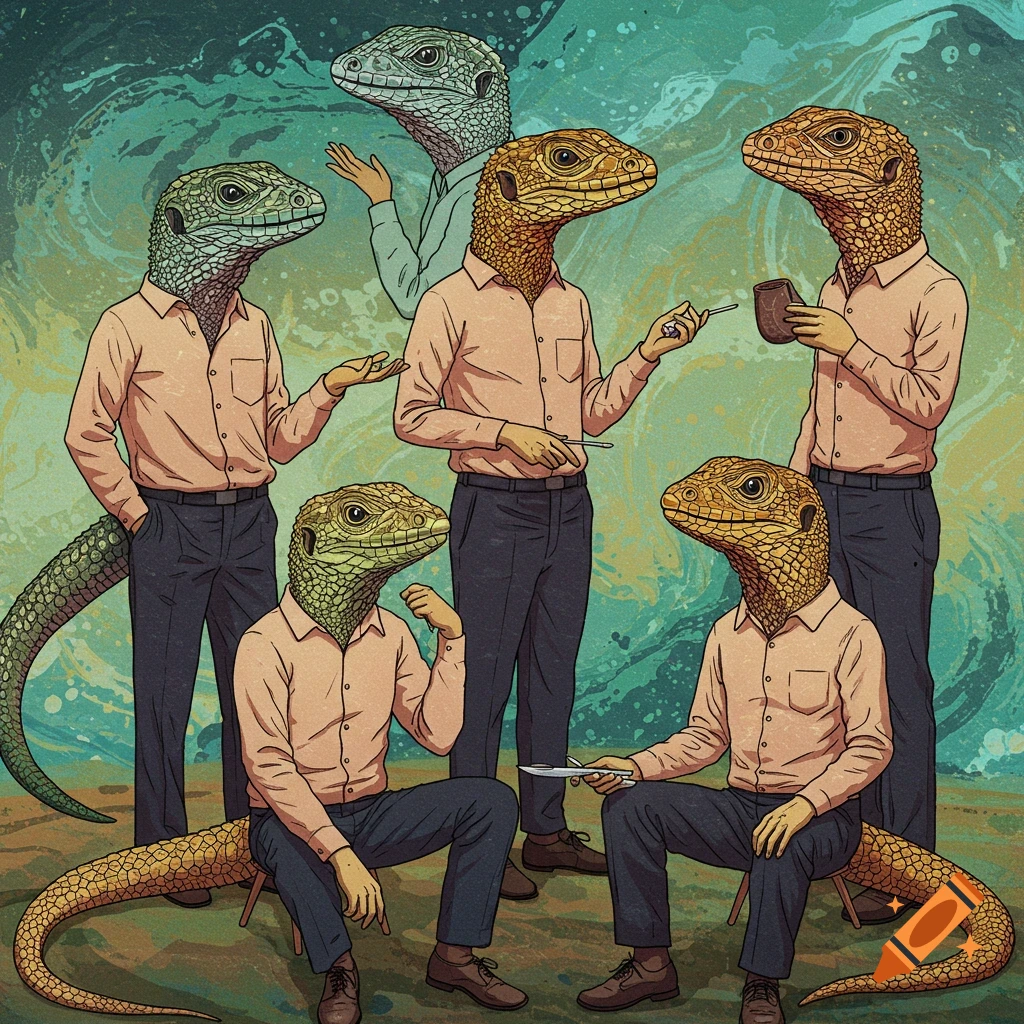 Several men with lizard heads wearing shirts and pants.