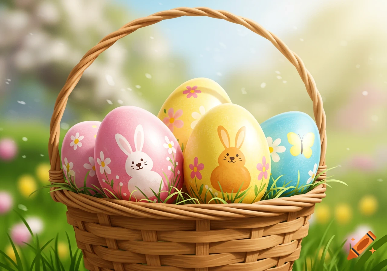 Colorful decorated Easter eggs in a basket with a grassy background.