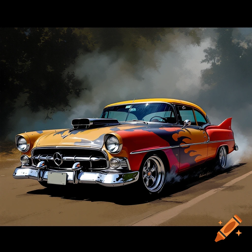 Classic hot rod with flames doing a burnout, kicking up smoke.