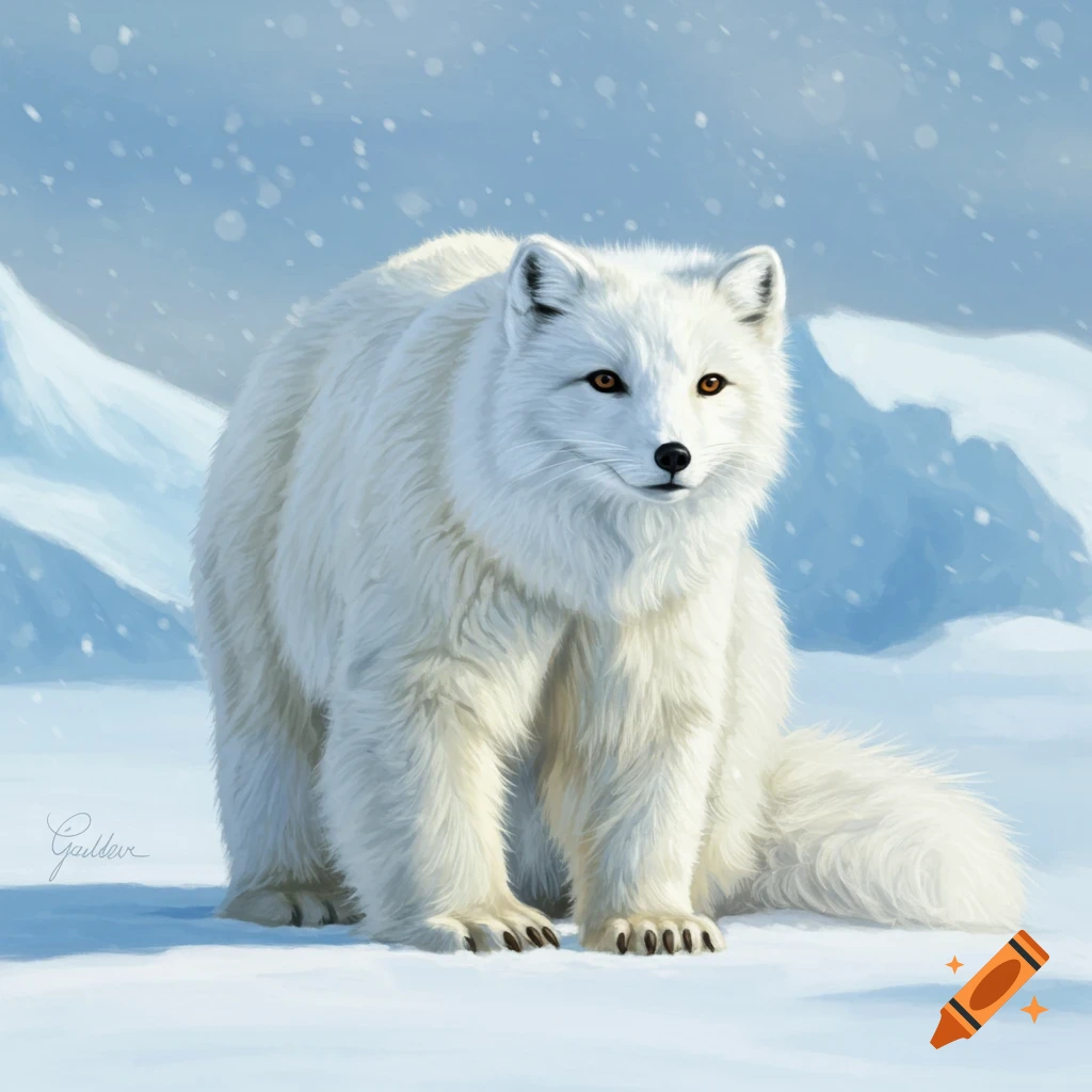A white bear-fox hybrid animal in a snowy arctic landscape.