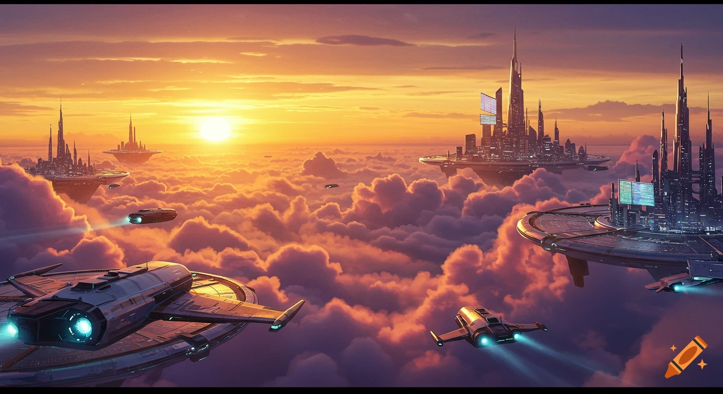 A view of futuristic cities and spaceships floating above clouds at sunset.