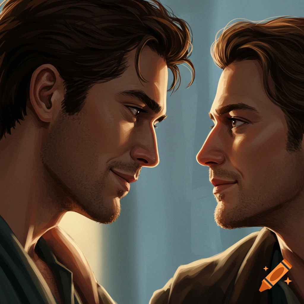 A close-up of two men's faces in profile looking at each other.