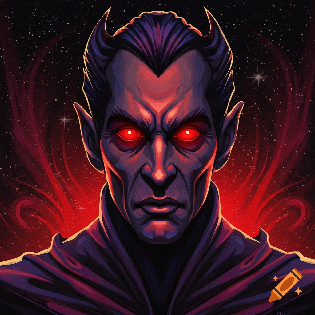 Portrait of a character with glowing red eyes and dark hair styled like horns.