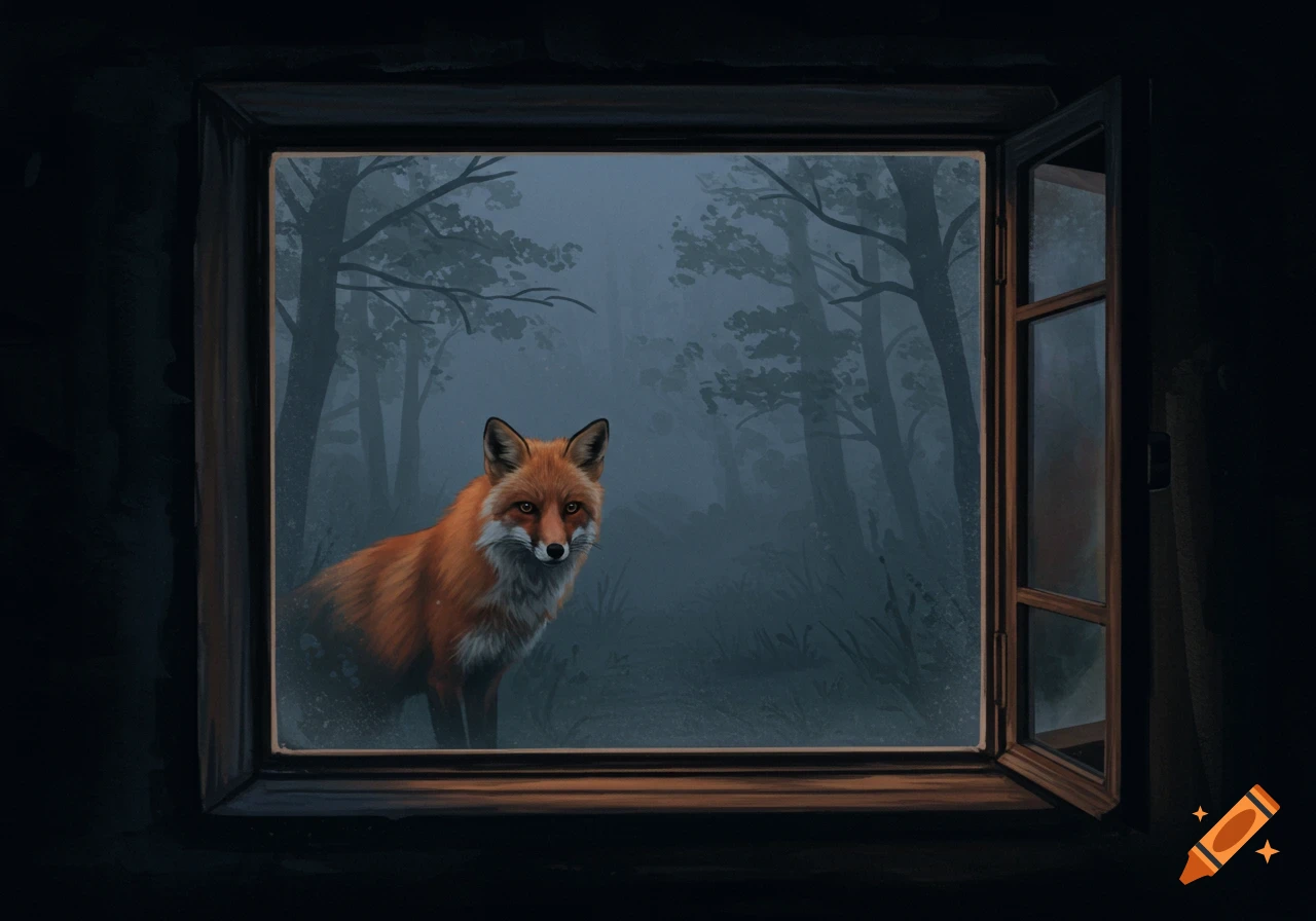 A red fox looking through an open window at a dark, foggy forest.