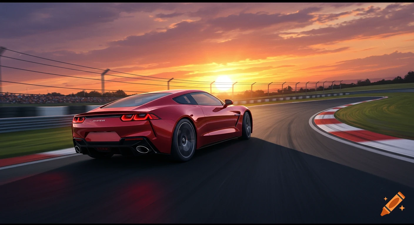 Red sports car on a race track at sunset.