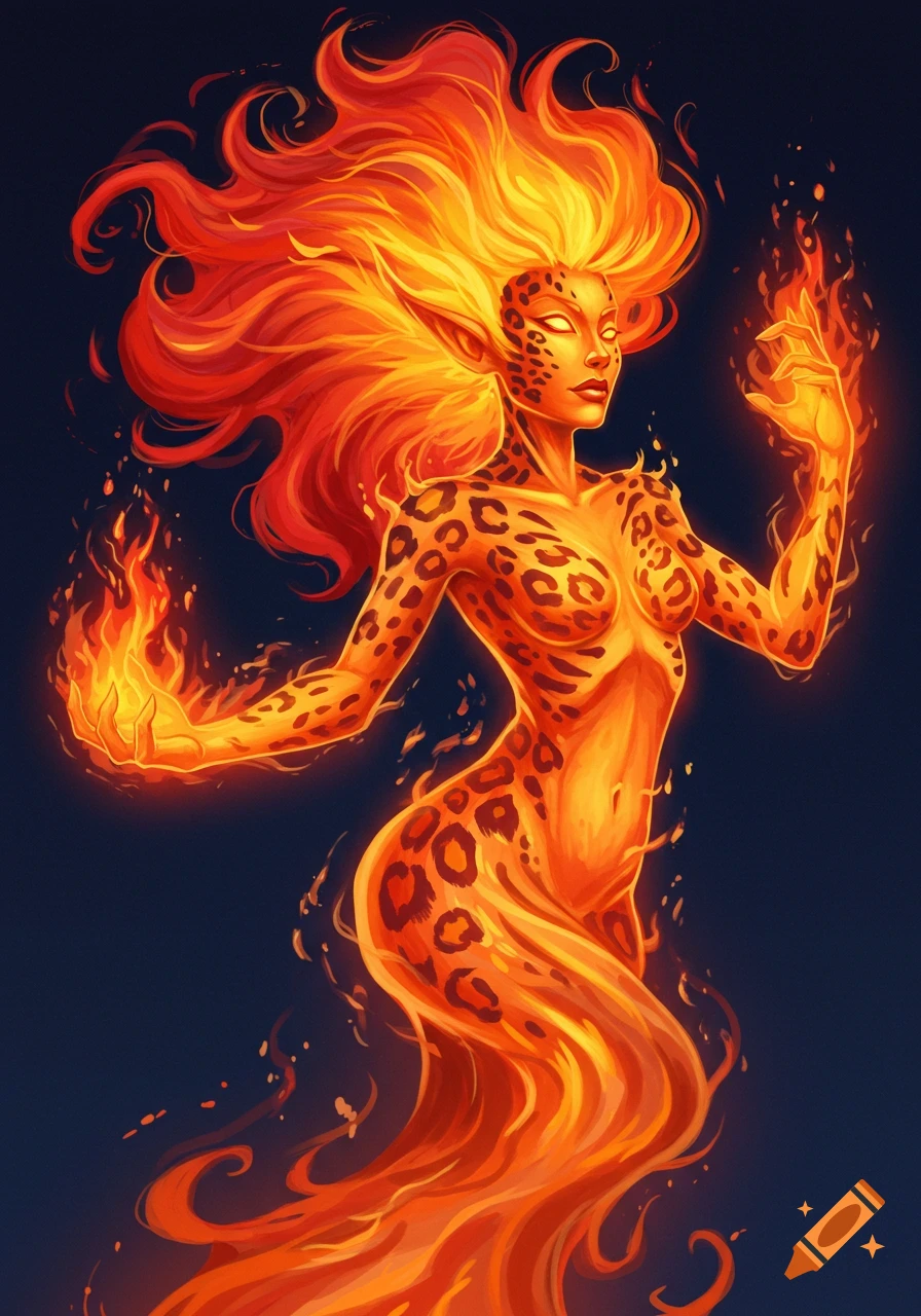 A female fire elemental with leopard spots, holding flames.
