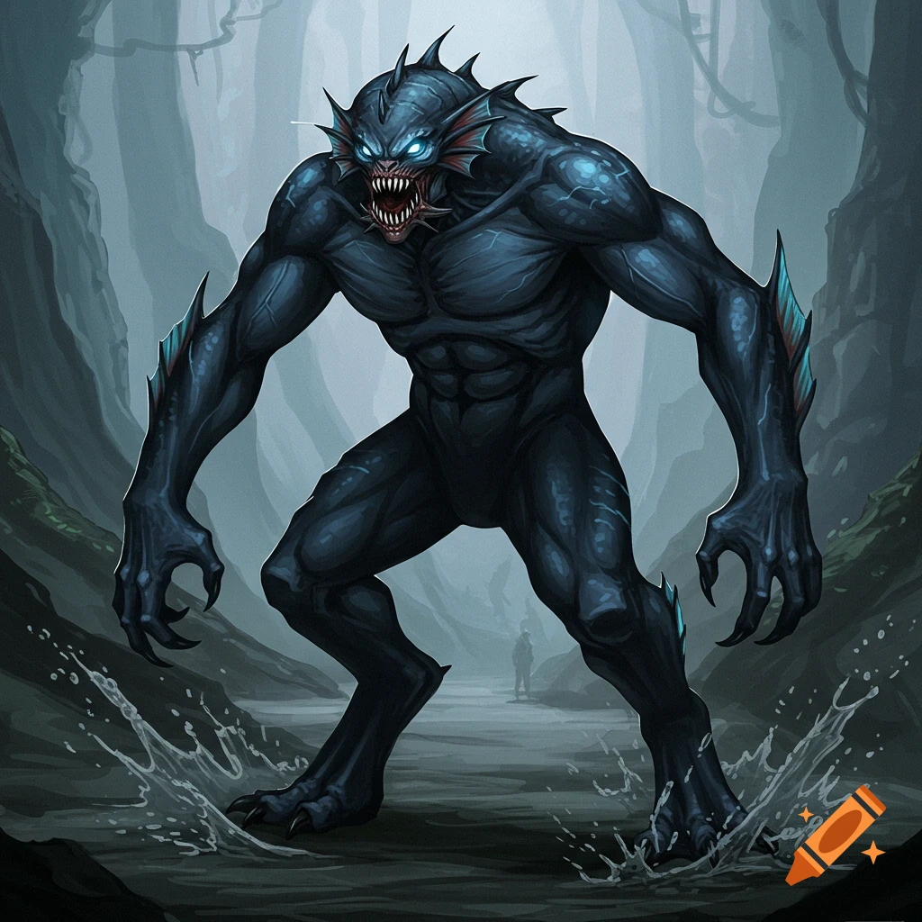 A dark blue monster creature with glowing eyes and sharp teeth stands in shallow water in a foggy forest.