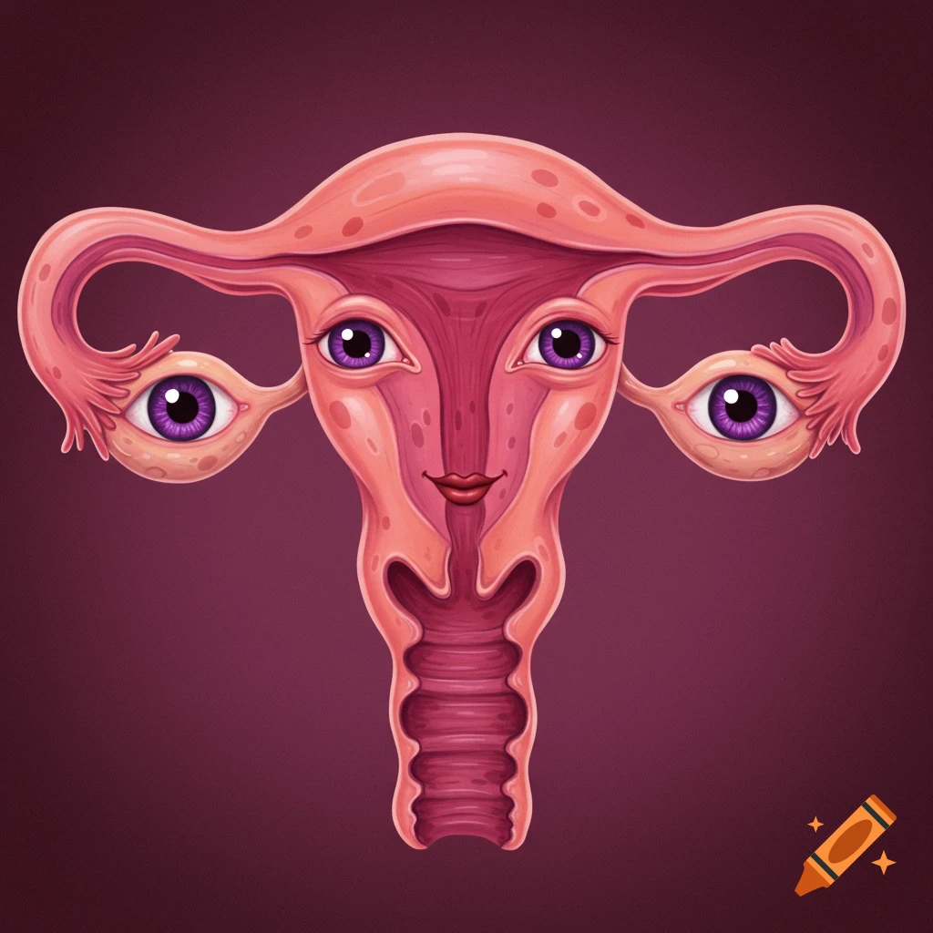 A stylized uterus with a face and eyes.