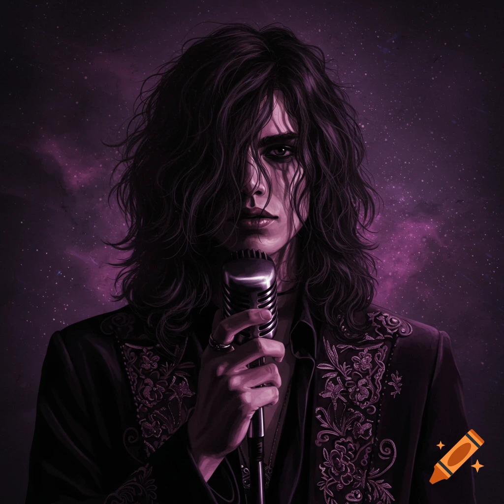 A mysterious musician holding a microphone against a purple, starry background.
