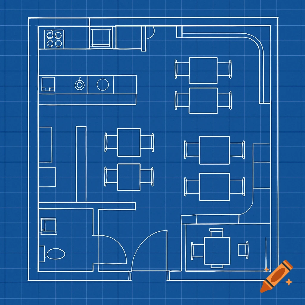 Blueprint overview of a small cafe layout with tables, chairs, and kitchen area.