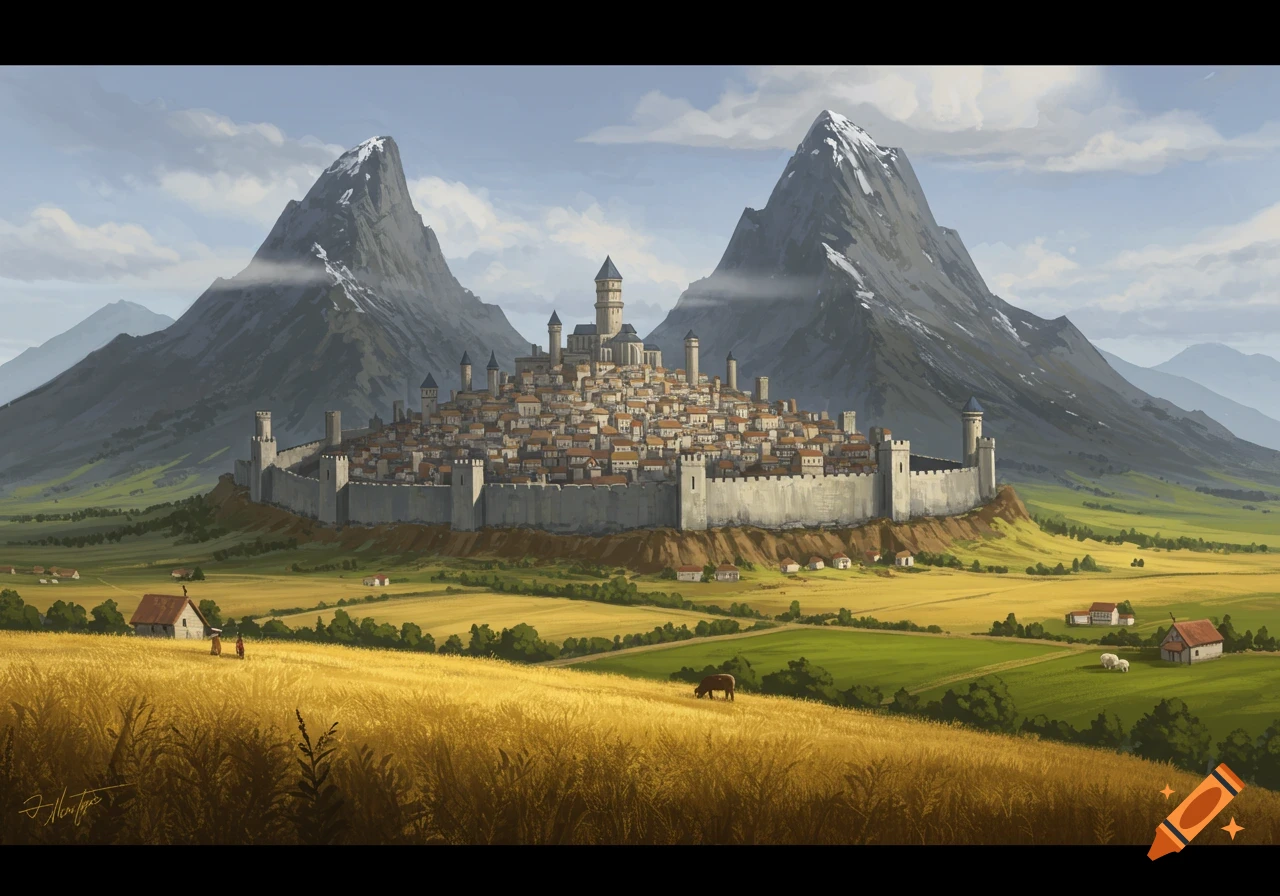 A walled medieval city nestled between mountains, surrounded by fields.