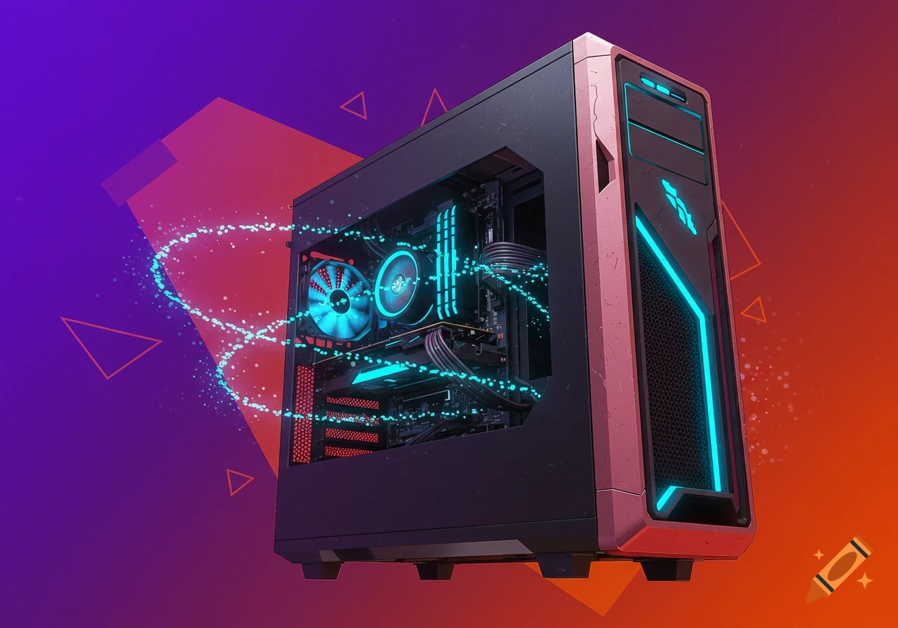 Glowing gaming PC with internal components visible