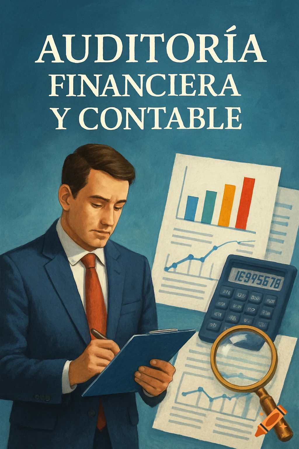 a man auditing documents with charts, calculator, magnifying glass, text 'Auditoría Financiera y Contable'.