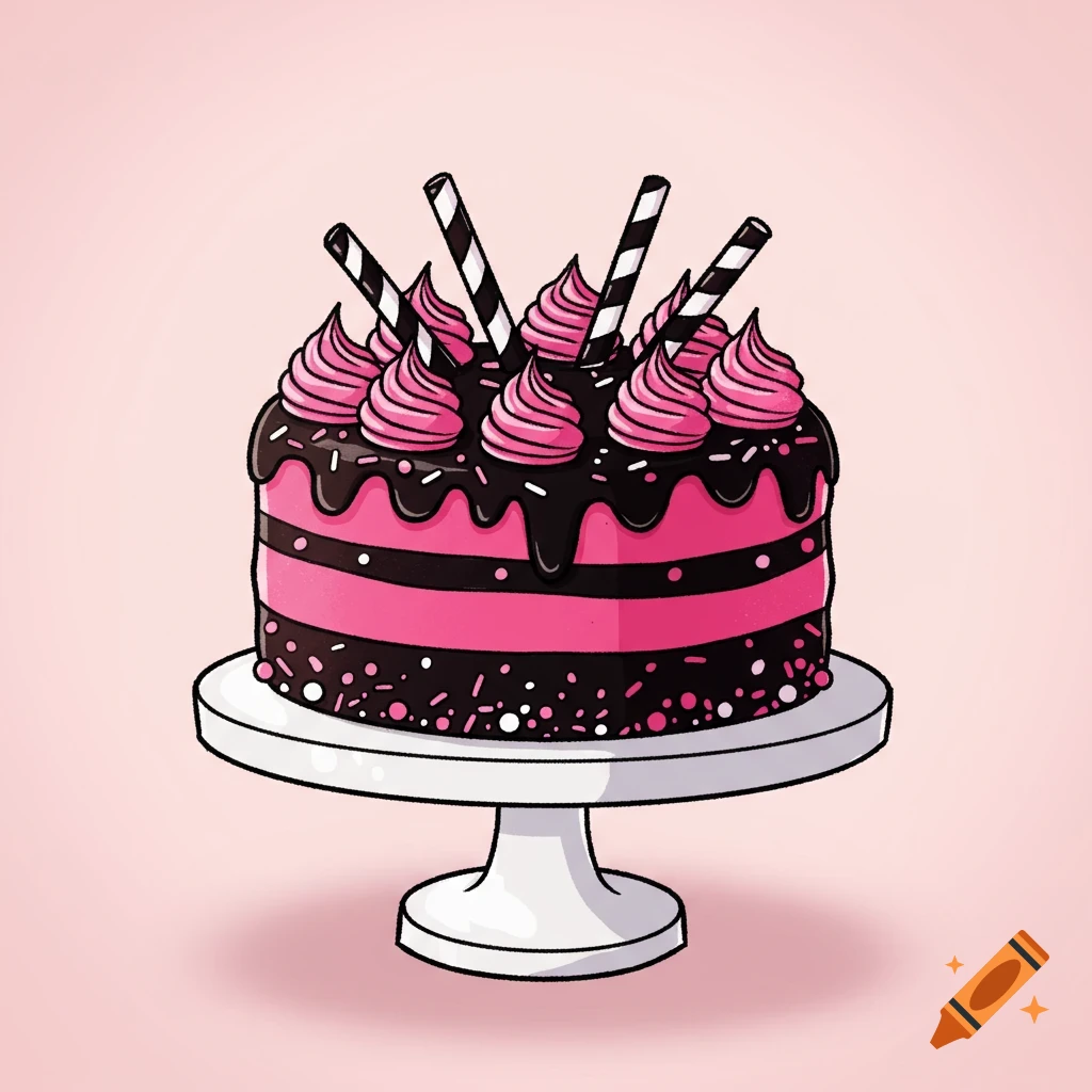 Cartoon style cake with pink and black stripes, chocolate frosting, pink frosting swirls, and striped sticks on a cake stand.