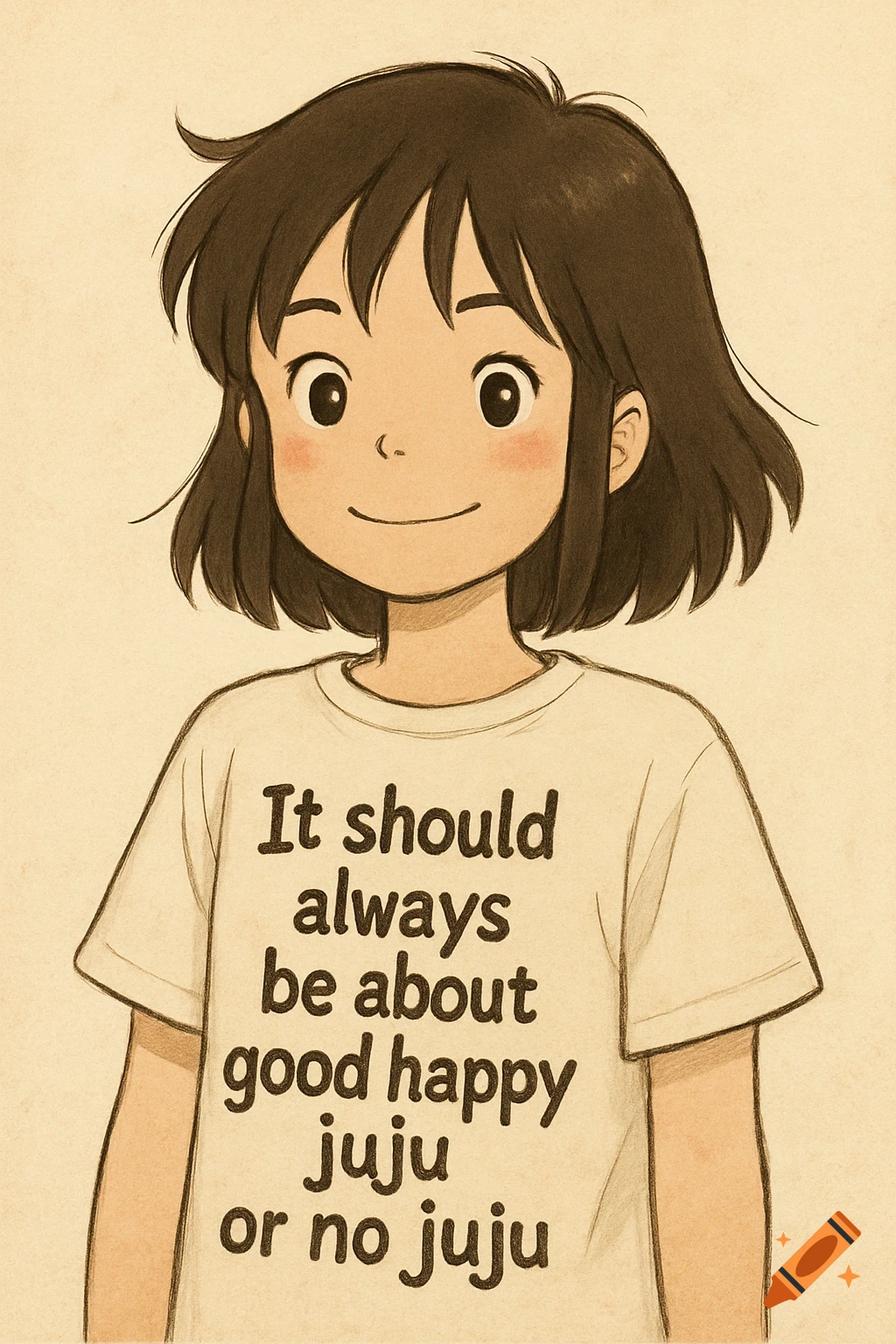 Cartoon girl in Ghibli style wearing a t-shirt that says 'It should always be about good happy juju or no juju'