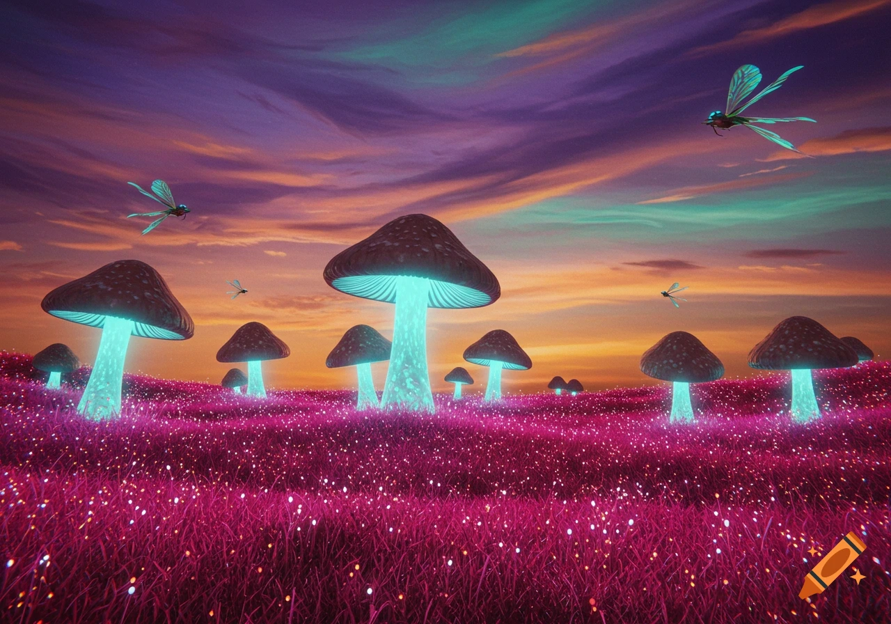 Glowing mushrooms and dragonflies are seen in a vibrant pink field under a colorful sunset sky.