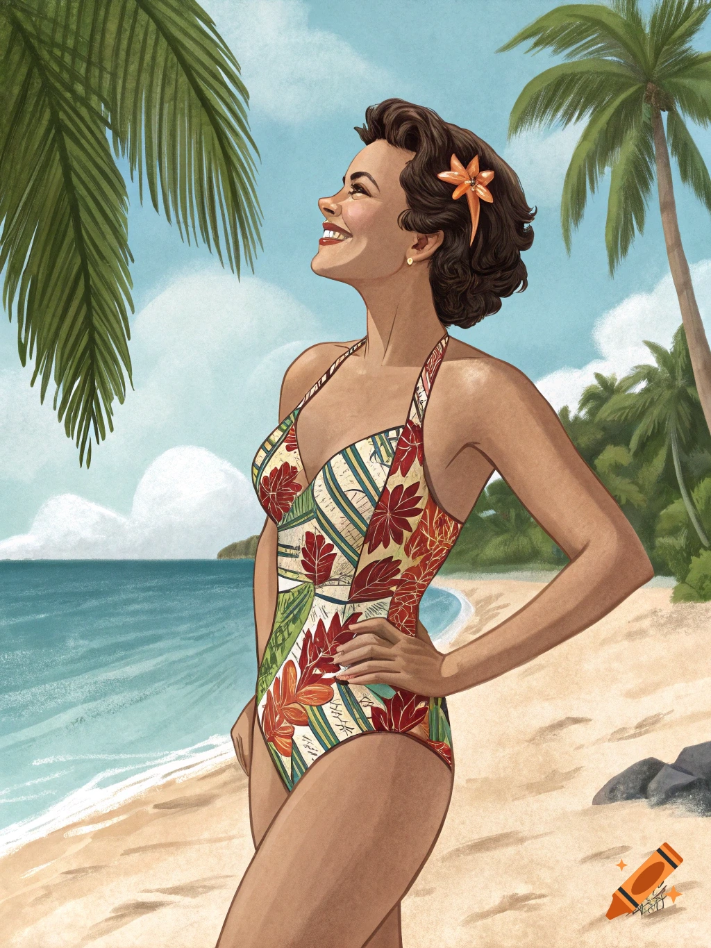 Illustrated woman in a vintage swimsuit on a tropical beach.