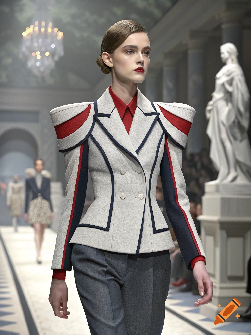 A woman in a structured white, red, and blue jacket walks on a fashion runway.