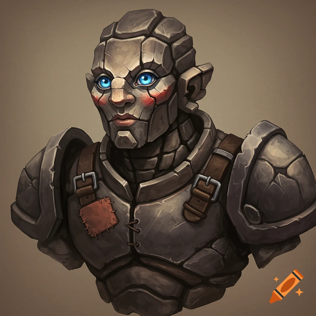 A stone fantasy character in armor with bright blue eyes.