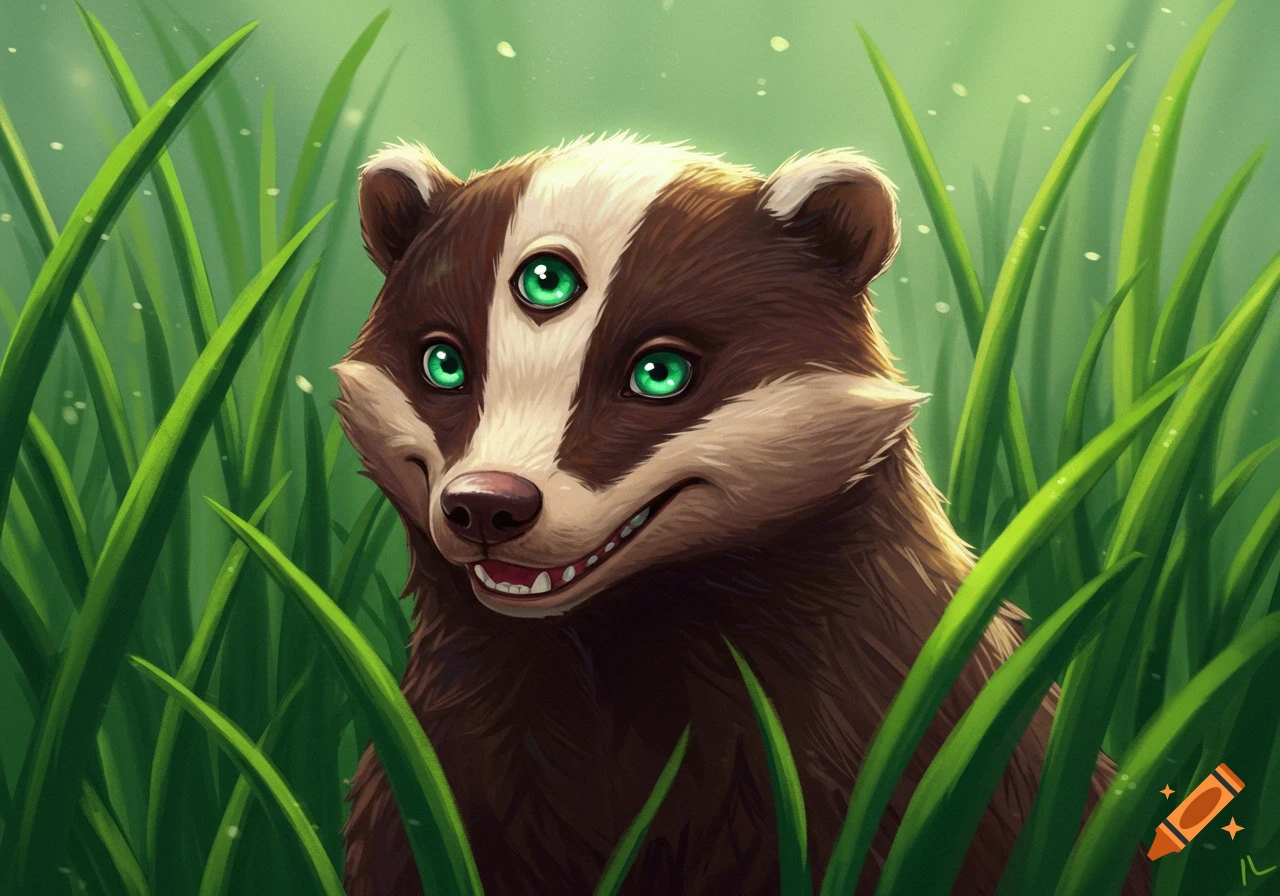 A three-eyed badger peeking through tall green grass.