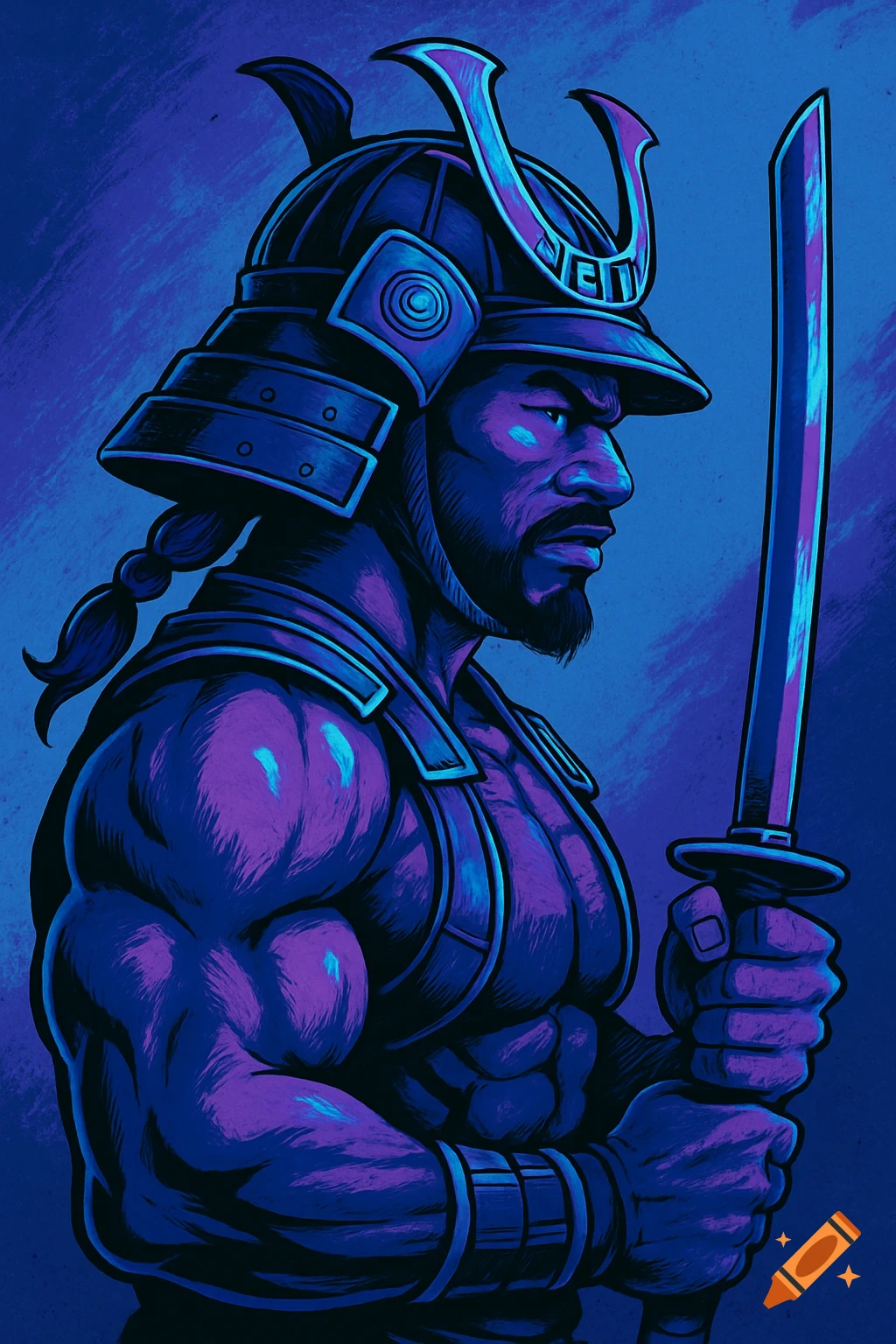Stylized muscular samurai warrior in blue and purple armor holding a katana against a blue background.