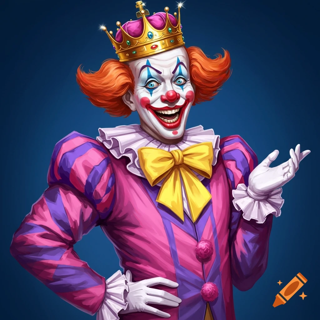 A smiling clown wearing a large ruffled collar, yellow bow tie, pink and purple striped suit, white gloves, and a golden crown.