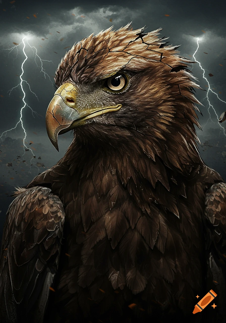 A cracked eagle head against a stormy sky with lightning.