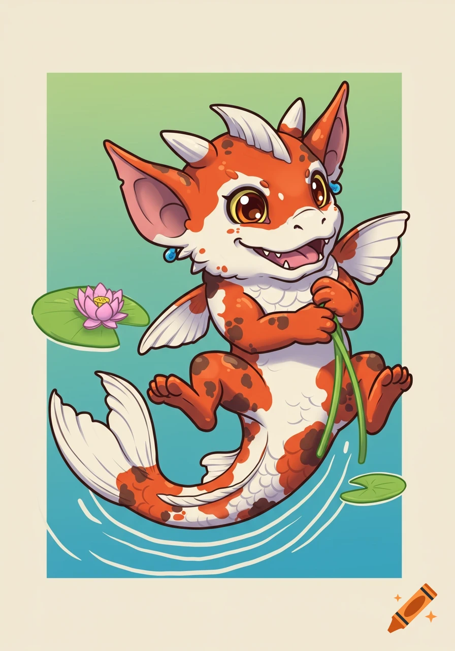 Cute vector illustration of a koi kobold creature in water with lily pads.