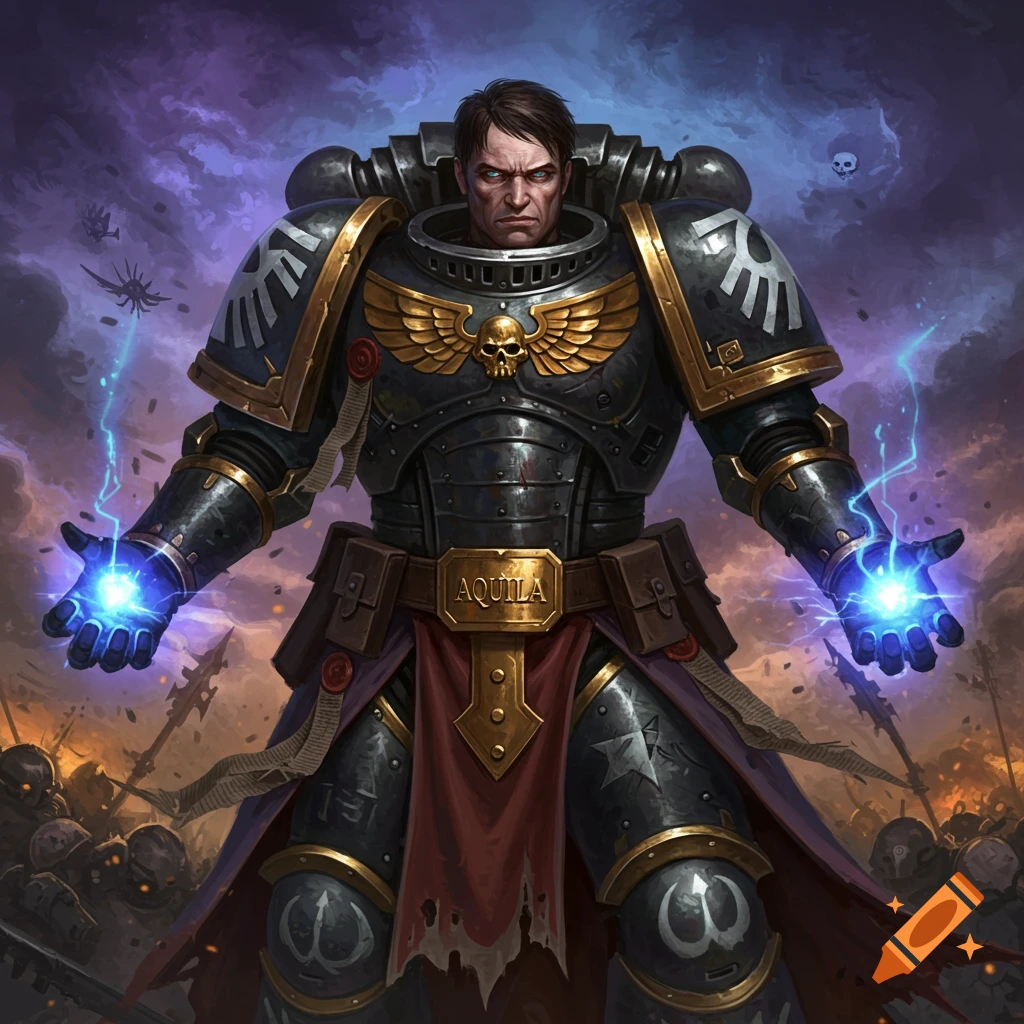 A space marine psyker casting lightning with hands, standing over battlefield debris.