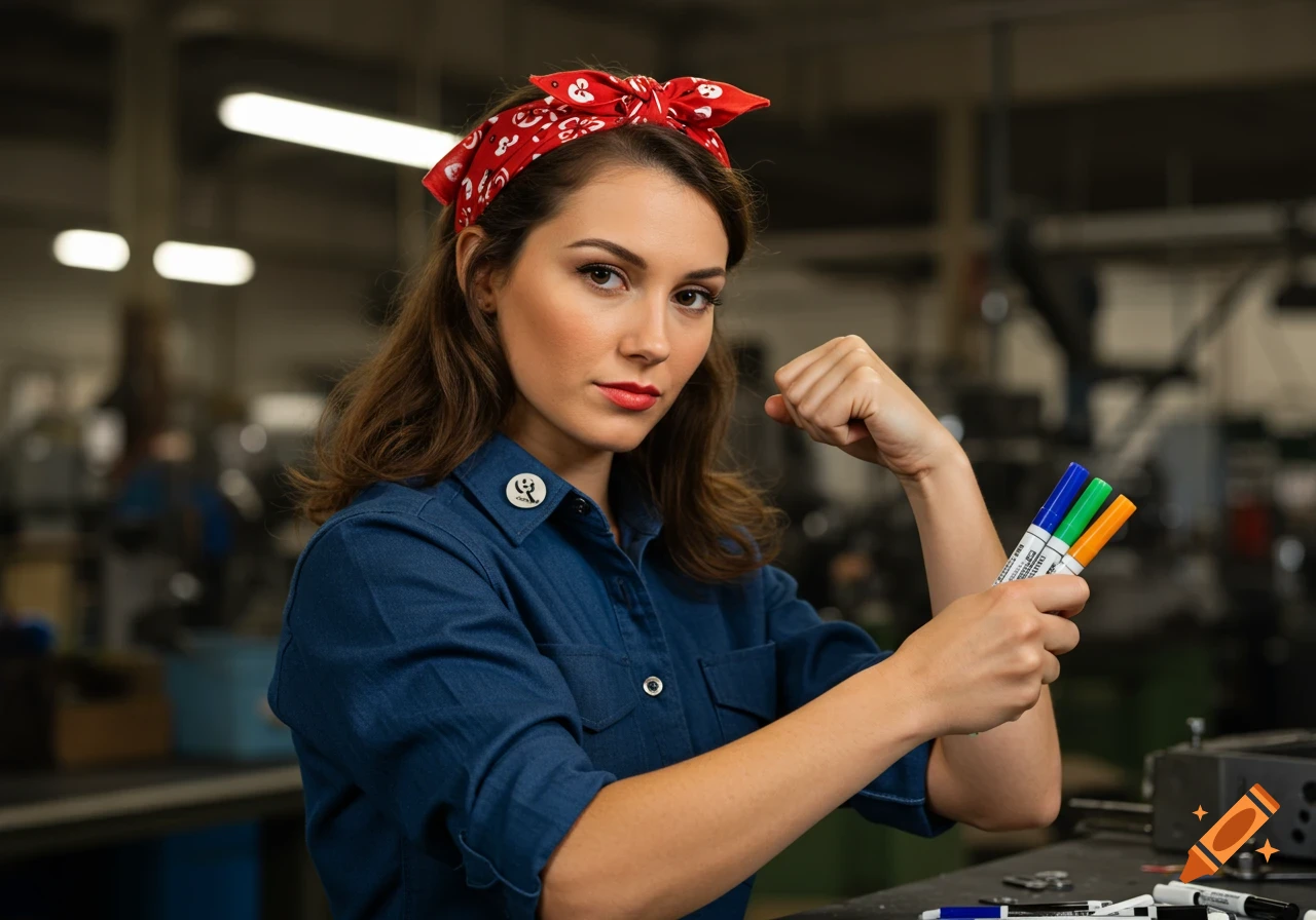 A woman dressed as Rosie the Riveter flexing her arm and holding colored markers in a workshop.