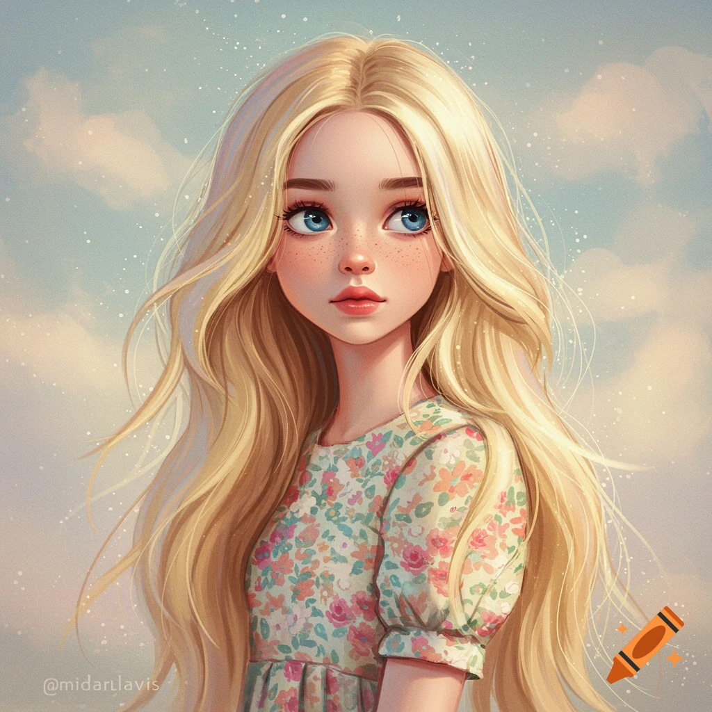 Young girl with long blonde hair and blue eyes in a floral dress against a cloudy sky.