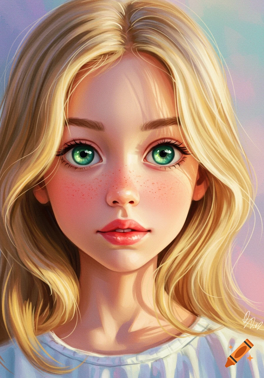 A girl with blonde hair, green eyes, and freckles