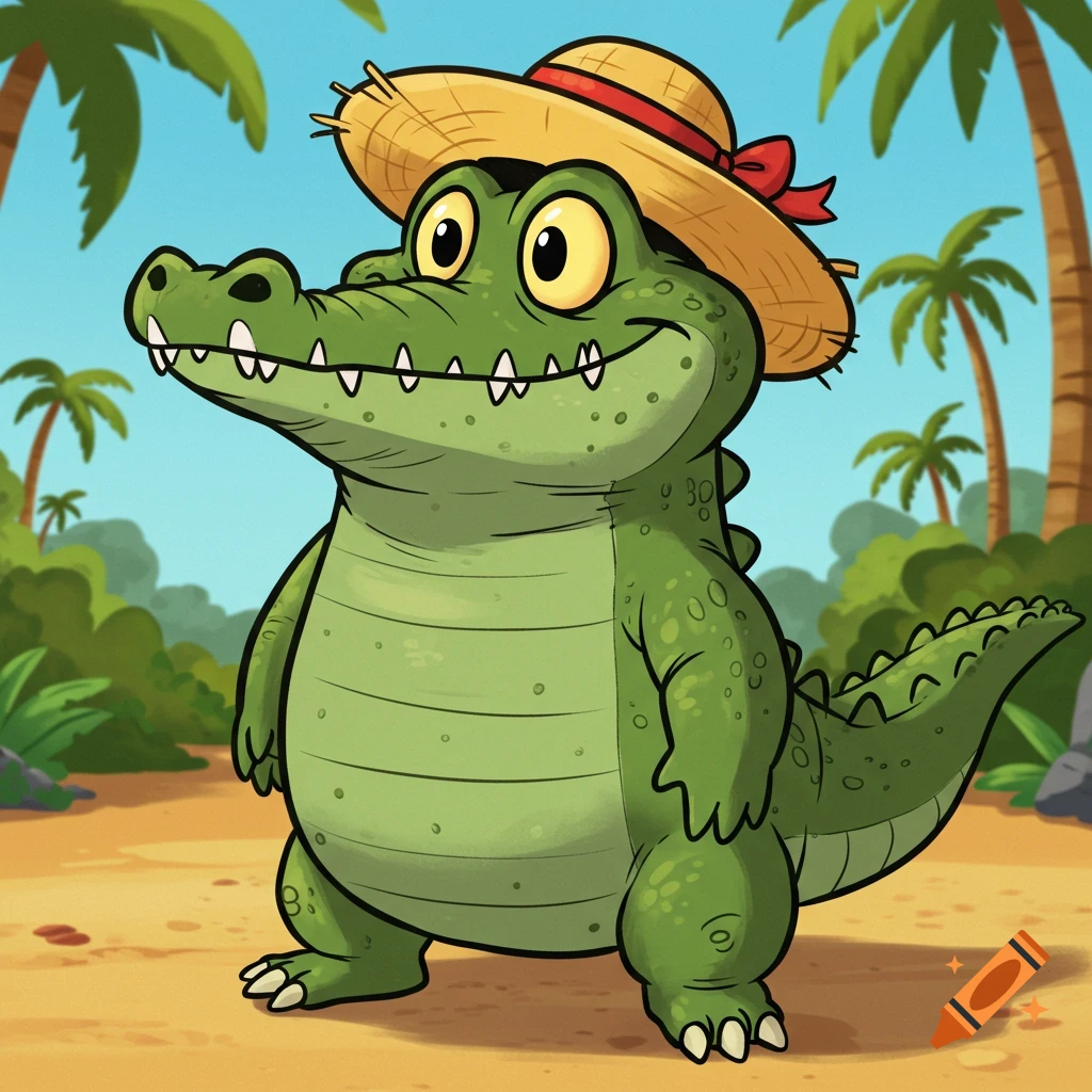 Cartoon crocodile wearing a straw hat standing in a tropical landscape.