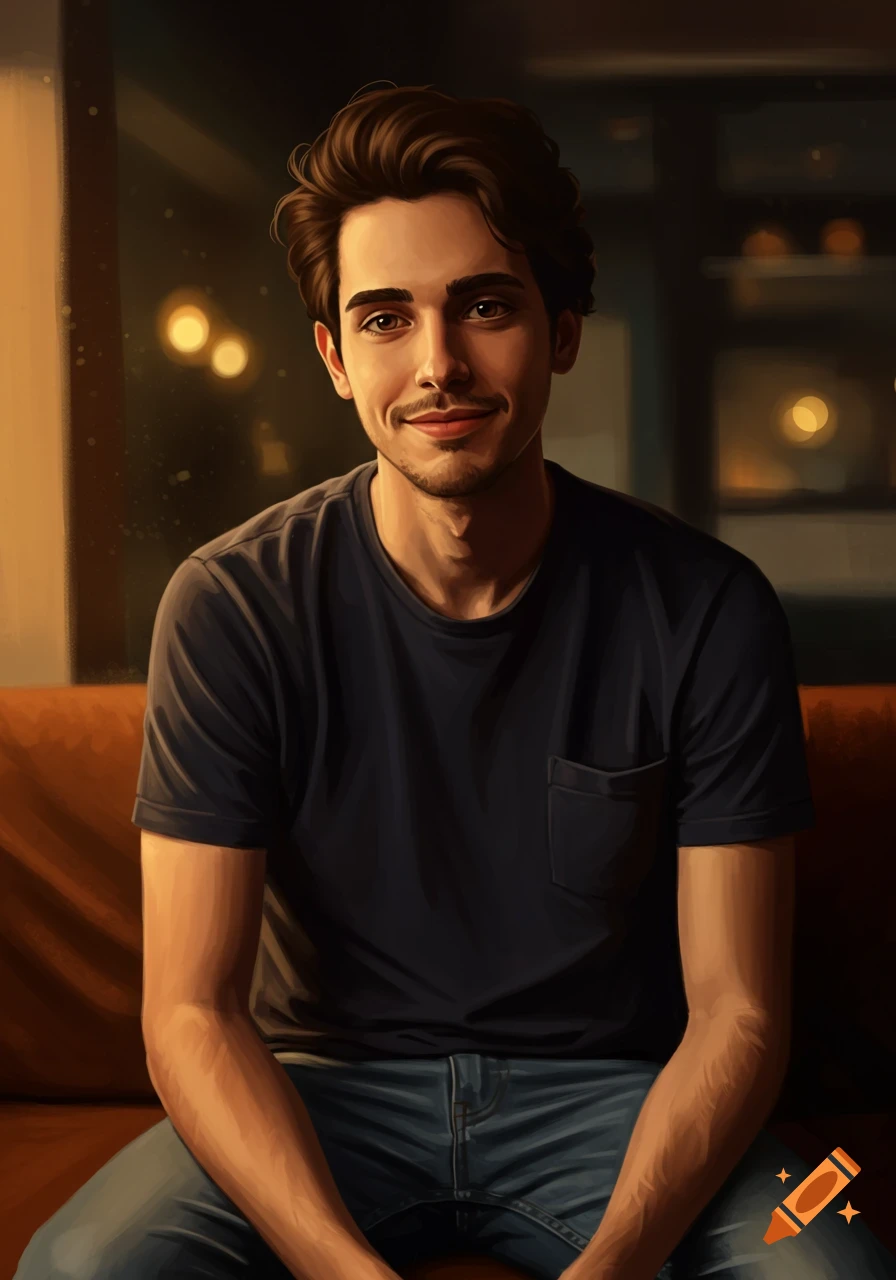 A young man is seated on a couch inside.