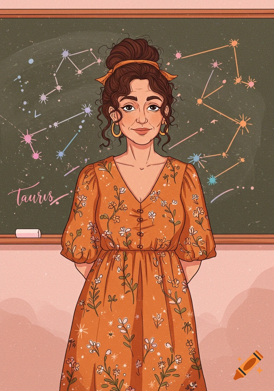 Illustration of a teacher in front of a blackboard with constellations and the word Taurus.