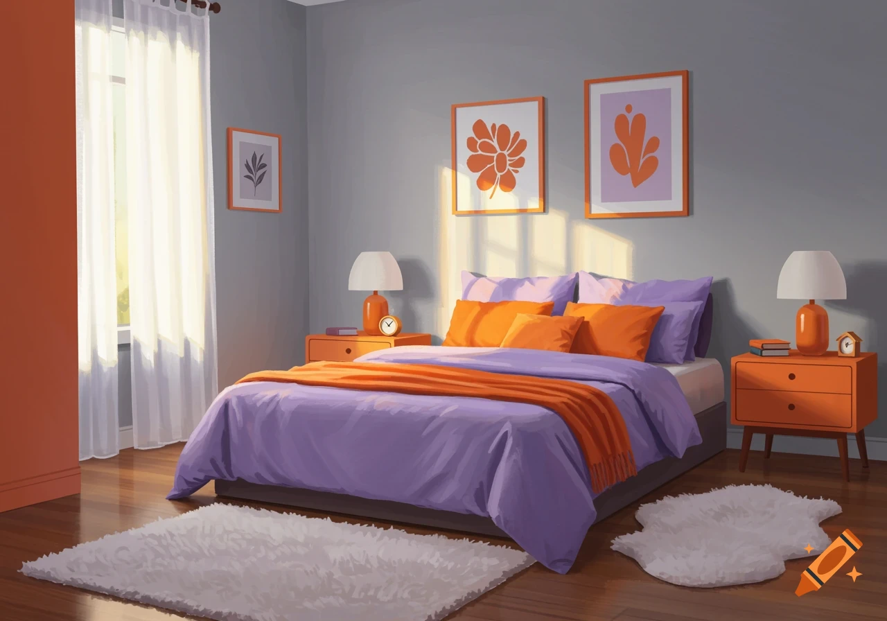 A bedroom with purple bedding, orange accents, and light streaming through sheer curtains.