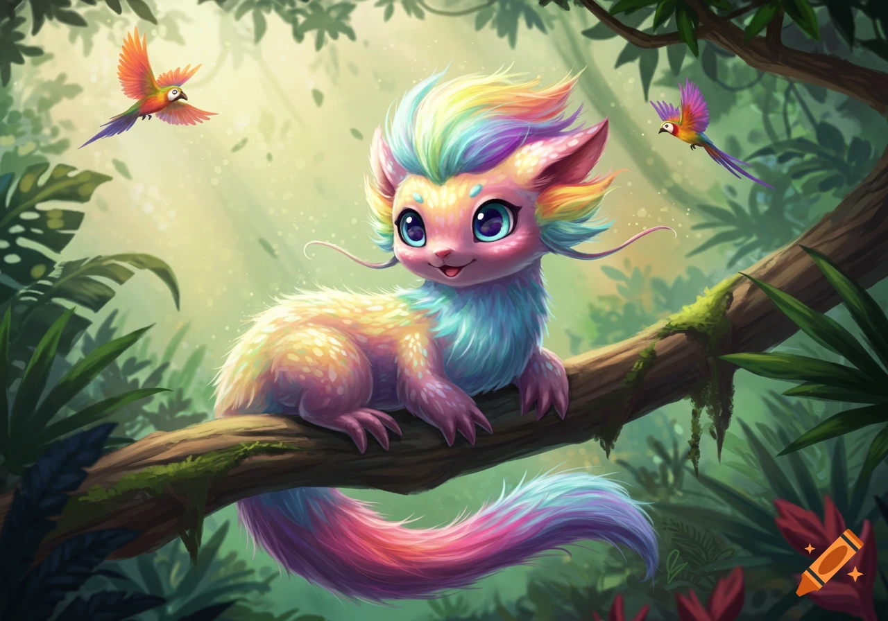 A cute, colorful fantasy creature sits on a tree branch in a jungle, with two small birds flying around it.