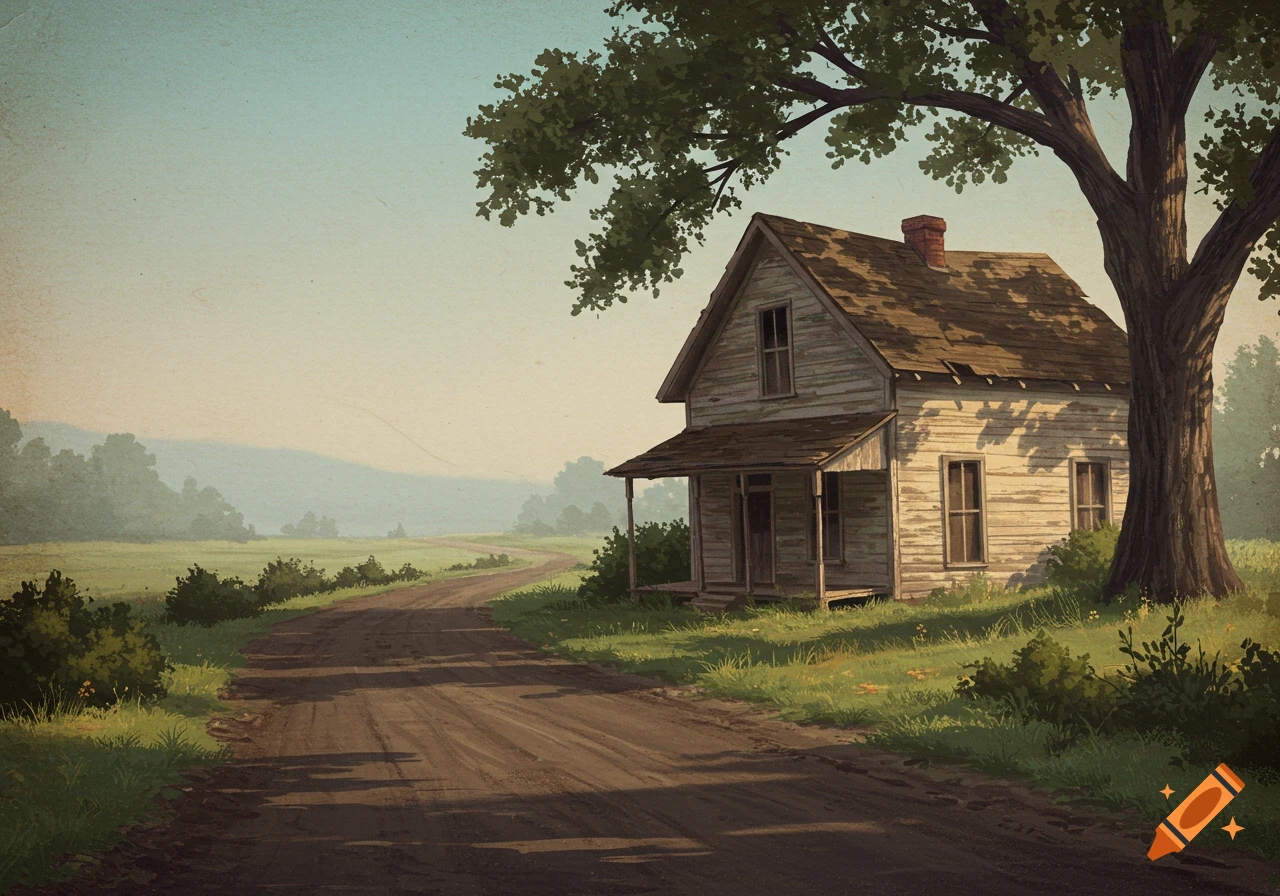 An old house next to a dirt road in a rural landscape.