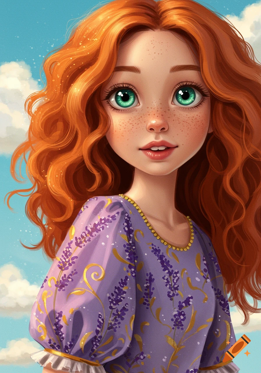 A red-haired girl with freckles and green eyes in a purple dress.