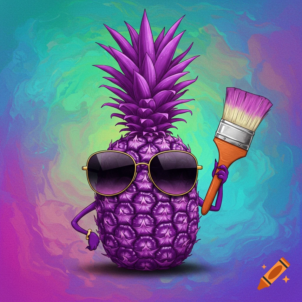 Purple pineapple character wearing sunglasses and holding a paintbrush, digital illustration