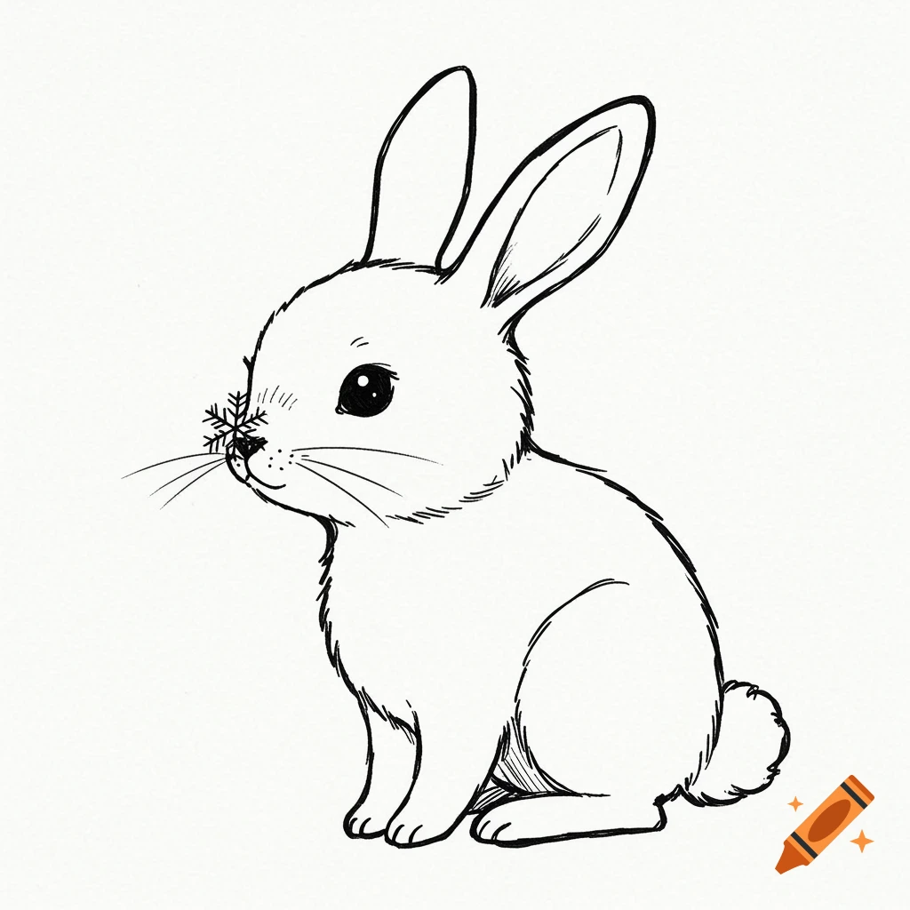 Line drawing of a cute bunny with a snowflake on its nose.